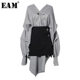 [EAM] Women Black Plaid Irregular Stitch Big Size Dress New V-Neck Long Sleeve Loose Fit Fashion Tide Spring Autumn JG892 210325