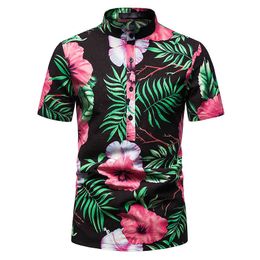 Pink Flower Shirts Men Stand Collar Casual Mens Shirt Hawaiian Oversized Short Sleeve Camisas Summer Holiday Beach Streetwear 210524