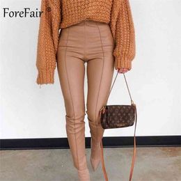 Forefair PU Leather Slit Pencil Pants Women Winter Street Fashion Push Up High Waist Stretchy Tight Brown 210915