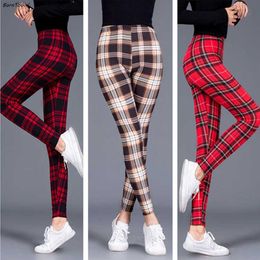 BornToGirl Autumn Winter Vintage Casual Legging Pants For Women High Waist Black White Blue Red Brown Khaki Plaid Leggings femme 211204