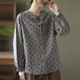 Arrival Spring Women Loose Peter Pan Collar Long Sleeve Blouse Polka Dot Cotton Linen Single Breasted Casual Shirts W230 210512