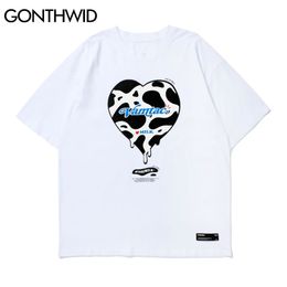 GONTHWID Tshirts Streetwear Hip Hop Cow Pattern Heart Print Tee Shirts Harajuku Short Sleeve T-Shirts Fashion Casual Cotton Tops C0315