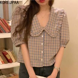 Korejpaa Women Shirt Korea Chic Retro Ruffled Stitching Doll Collar Plaid Single-breasted Loose Bubble Sleeve Short Blouse 210526