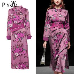 Plus Size Corset Long Sleeve Midi Purple Dresses Ladies Flower Streetwear Retro Print Floral Vintage Belt 210421