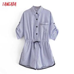 Tangada Fashion Women Striped Print Summer Playsuit Short Sleeve Pocket Buttons Female Beach Playsuit QN138 210609