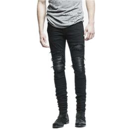 New Dropshipping Men Ripped Biker Jeans Distressed Moto Denim Joggers Destroyed Knee Leather Pleated Patch Jeans X0621