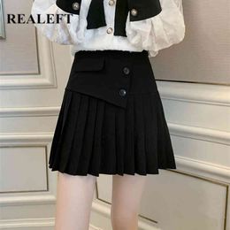 Mini Pleated Skirt Black Fashion Spring Vintage High Waist Button Decoration Women's Short s Female 210428