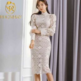 Korean Fashion Summer Bodycon Pencil Dress Women Stand Collar Long Sleeve Patchwork Lace Office Ladies Clothing 210506