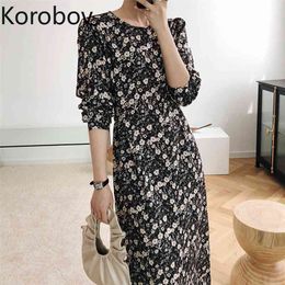 Korobov Korean Flower Print Women Long Dress Vintage Elegant Long Sleeve O Neck Chiffon Dresses Summer Beach Style Vestido 210430