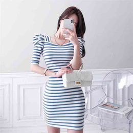 Blue and White Striped Print Bodycon Dress Elegant Square Neck Short Puff Sleeve Summer Casual Female Clothes Party 210603