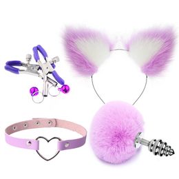 4 PCS Set Color Fox Tail Cat ears Black bondage suit Sex Toys Woman Massager Bullet metal Anal Plug For Couple Cosplay sexy