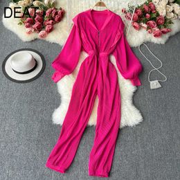 DEAT Women Pleated Jumpsuit Arrivals V-neck Lantern Sleeve Solid Colour Fashion Spring Summer 11D334 210709