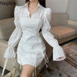 Neploe Women's Bodycon Dress Patchwork Fake Two White Shirt Dresses Fashion Puff Sleeve Lace Up Slim Waist Temperament Vestidos 210422