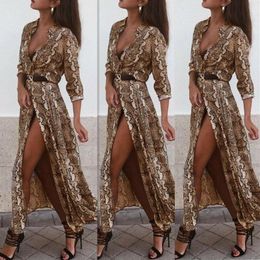 Casual Dresses Women V Neck Snake Skin Print Maxi Dress Ladies Split Holiday Beach Party