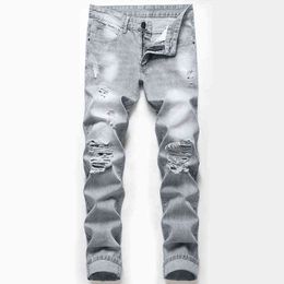 Shredded hip-hop Jeans Men Zipper Skinny Jeans Men high-quality Cotton Jeans Men Long Destroyed Torn Holes Knee G0104