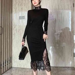 Spring Lace Patchwork Knitted Sweater Dress Women Korean Elegant Party Long Dresses Sleeve Black Vestidos Robe Femme 210514