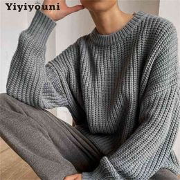 Yiyiyouni Vintage Oversized Knitted Sweater Women Elegant Thick Loose Pullovers Female Korean Fashion Solid Tops 210914