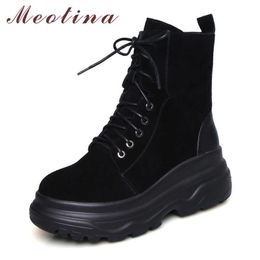 Meotina Winter Ankle Boots Women Cow Suede Flat Platform Short Boots Real Leather Zipper Round Toe Short Shoes Lady Fall Size 39 210608
