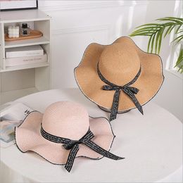 Summer beach vacation big brims hat Female letters with wavy edges Bow sun hat caps Wide Brim Hats