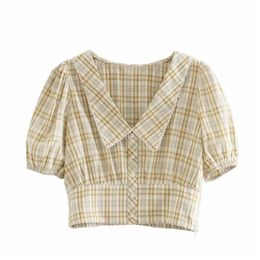 HSA women v neck puff sleeve Plaid casual Short blouse female Turn Down Collar short shirt chic button blusas tops 210430