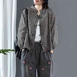 Spring Arts Style Women Long Sleeve Loose Coat Double Pocket Cotton Linen Plaid Short Coats Vintage Jackets Plus Size M170 210512