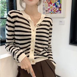 Spring Loose Thin O-Neck Short Coat Female College Style Striped Cardigan Tops Korean Knitted Wild Blouse Women 12896 210508
