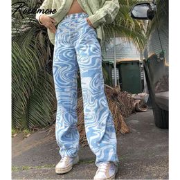 Rockmore Zebra Pattern High Waist Women'S Jeans 90s Streetwear Trousers Baggy Leg Pants Mom Boyfriend Denim Capris 210922