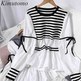 Kimutomo Casual Striped Patchwork Blouse and Shirt Women O-neck Bow Lace-up Lantern Sleeve Ladies Chic Tops Spring 210323