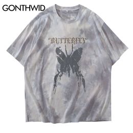 GONTHWID Distressed Butterfly Print Tie Dye Tshirts Streetwear Harajuku Hip Hop Casual Cotton Short Sleeve Tees Shirts Mens Tops 210324