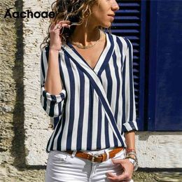 Aachoae Women Striped Blouse Shirt Long Sleeve V-neck Shirts Casual Tops Blouse et Chemisier Femme Blusas Mujer de Moda 210323