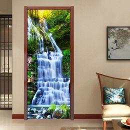 PVC Waterproof 3D Door Sticker DIY Self-Adhesive Wall Decals Home Decoration Waterfall Scenery 3D Photo Wallpaper Door Stickers 210317