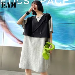 [EAM] Women Grey Big Size Spliced Midi Dress Round Neck Half Sleeve Loose Fit Fashion Spring Summer 1DD7573 21512