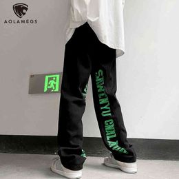 Aolamegs Jeans Men Green Letter Embroidery Elastic Waist Denim Pants Couple Trouser Casual Harajuku Fashion Oversized Streetwear 0309