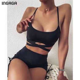 INGAGA Black Swimsuits High Waist Bikinis Push Up Swimwear Women Solid Ruched Biquini Bathing Suits Strap Beachwear 210621