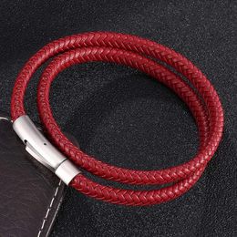 Charm Bracelets Red Braided Leather Fashion Double Layer Bracelet Men Women Stainless Steel Snaps Unisex Jewelry Accessories Gifts S0497