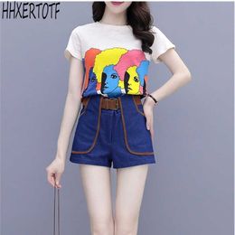 summer 2 piece Sets Casual Temperament women curly hair girl printed T-shirt + high waist denim shorts with belt 210531