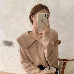 Women Autumn Cardigans Sweet Lapel Turn-Down Collar Korean Loose Long-Sleeved Sweaters Top Female GX1500 210507