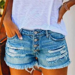 Cotton High Waist Hole Denim Shorts Women Summer Blue Straight Sexy Ripped Tassel Slim Streetwear Button Fly Jeans 210323