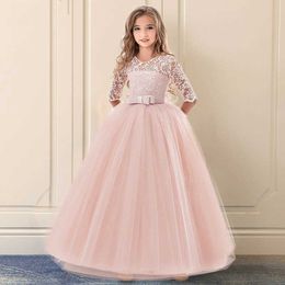 Embroidery Girls Lace Dress For Wedding Party Dresses Floral Ceremony Formal Ball Gown Kids Dresses For Girls Robe Fille 8 9 14Y Q0716