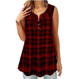Oversize Fashion Plaid Print T-shirt Women Casual Summer Sexy V Neck Button Sleeveless Loose Tshirt Vintage Female Pullover Tops 210522