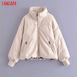 Tangada Women Solid Oversize Faux Leather Parkas Thick Winter Zipper Pockets Female Warm Elegant Coat Jacket QN174 211018