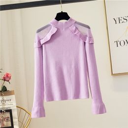 Women's Autumn Winter Top Korean Style Ruffled Mesh Long-sleeved Sweater Solid Colour Slim Female Bottoming Tops GX469 210507
