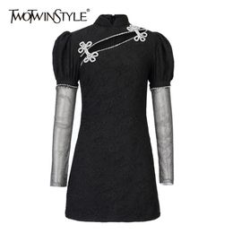 Hollow Out Patchwork Diamond Dress For Women Stand Collar Long Sleeve High Waist Vintage Slim Mini Dresses Female 210520