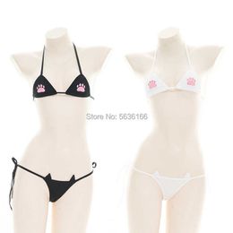 Sexy Bikini Small Cups SexyCute cat paw print Underwear suits Fit Wide Range of Sizes Cotton Black White Micro Lingerie Y0911