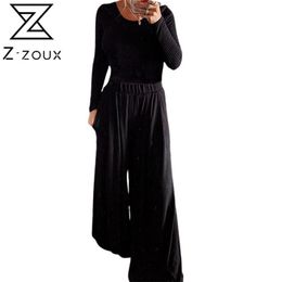 Women Sets Long Sleeve Slim Tops Wide Leg Pants Two Piece Top And Loose Casual Sweat Suit 210513