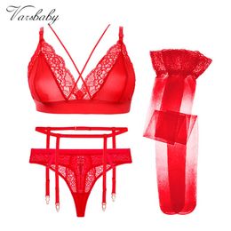 Sexy Set Varsbaby sexy transparent yarn breathable bra set ventilate Bra+ Panties++Stockings +Thong4Pcs L2304