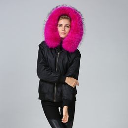 Lavish rose raccoon furs trim hoody women snow parka Meifeng brand rabbit fur lined black bomber nylon jacket