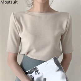 Summer Korean Solid Knitted Thin T Shirts Tops Women Half Sleeve O-neck Casual Basic Slim Ladies Tees Tshirts 210513