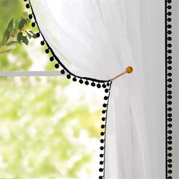 White Pom Sheer Curtain For Girls Bedroom Living Room Tasseled Linen black Semi-Sheer Curtain Voile Panels 210712