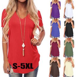 Plus Size Women Solid T-shirts Summer Basic Long Tee Shirt Top Sexy V Neck Short Sleeve Casual Loose Pullover T-Shirt Femme 210526